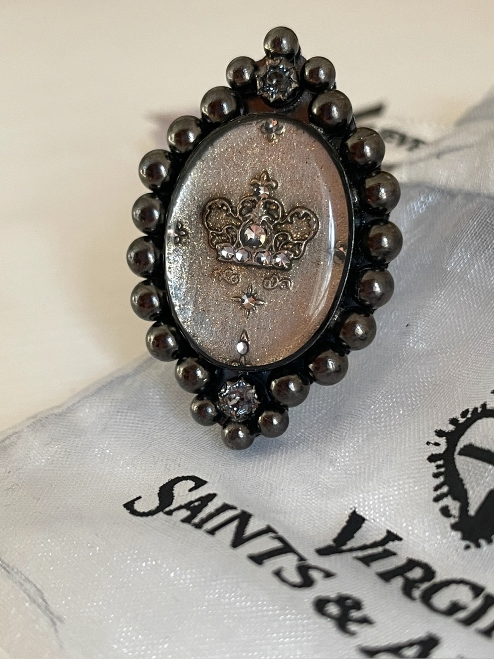 Virgins Saints & Angels Oval Bespoke Royal Crown sz 5 Gunmetal